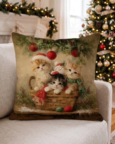 Vintage Christmas Cat Pillow Cover 18x18 with Hidden Zipper