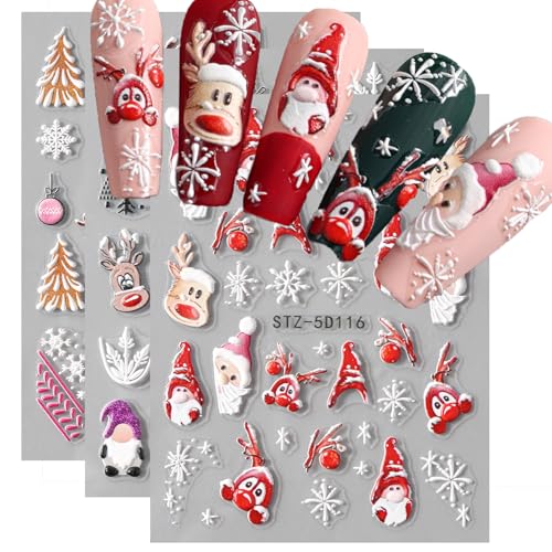 TailaiMei Christmas Nail Decals Stickers - 3 Sheets Self-Adhesive Holiday Nail Art Decorations with Santa and Snowflakes