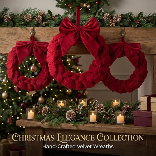 Christmas Velvet Wreath with Bow 14 Inch Front Door Decor in Red - Holiday Home Decoration