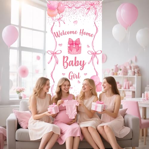 Welcome Baby Girl Door Cover Banner - Pink Bow Coquette Theme Decoration