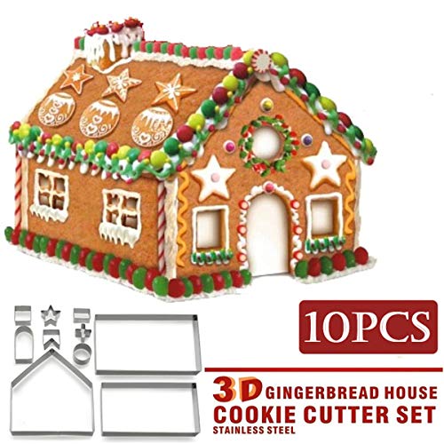 3D Christmas Gingerbread House Cookie Cutter Set - 10 Pcs Stainless Steel Holiday Baking Tools - Variation #1