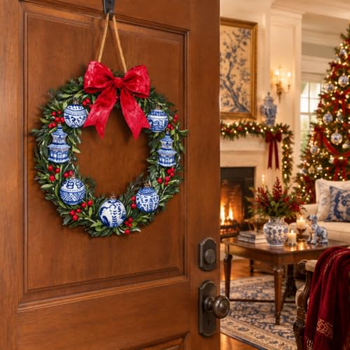 Chinoiserie Bead Christmas Wreath Door Hanger - Blue & White Wooden Sign - 11.8 Inches