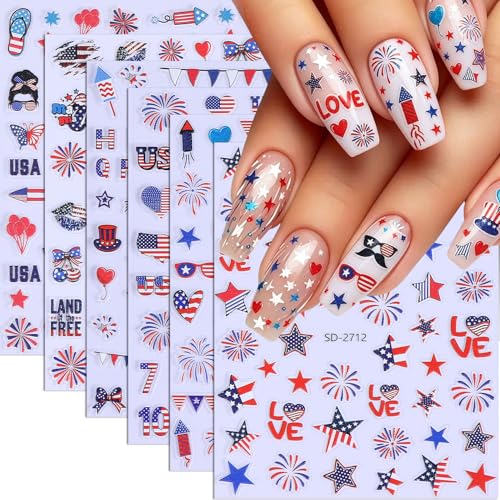 4th of July 5D Embossed Nail Stickers - 6 Sheets Patriotic Stars & Fireworks