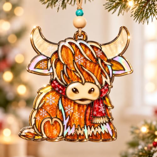 Highland Cow Christmas Ornament 4 Inch Acrylic Flat Decor - Variation: Highland Cow