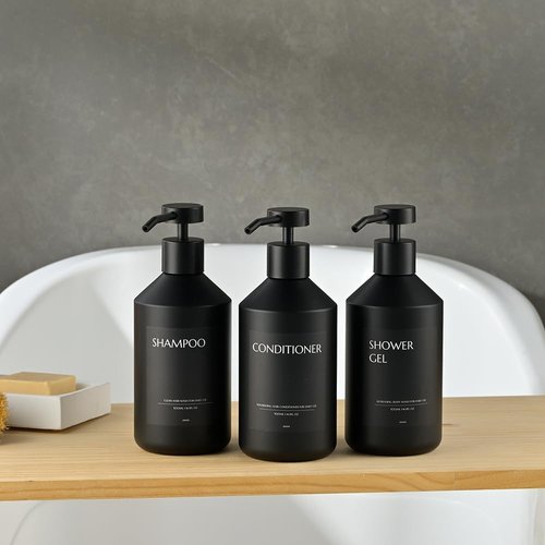 JANXIN Shampoo and Conditioner Dispenser Set of 3 for Wall Mount,16.9 fl oz Drill Free Shower Soap Bottles with Labels,Refillable Body Wash Dispensers for Bathroom Decor (Black Bottles +Black Pumps)