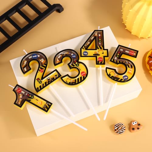 Construction Birthday Candle - Yellow & Black Striped Number 5 Cake Topper