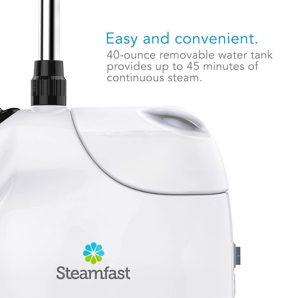 Steamfast SF-407 Canister Fabric Steamer, With Telescopic Pole and Fabric Brush, 45 Second Heat Up Time, Chemical-Free Steam, Clothes Hook, Fabric Brush, 40-Ounce Water Tank, White