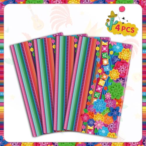 4 Pcs Mexican Fiesta Tablecloths - 51x86 Inch Waterproof Party Table Covers