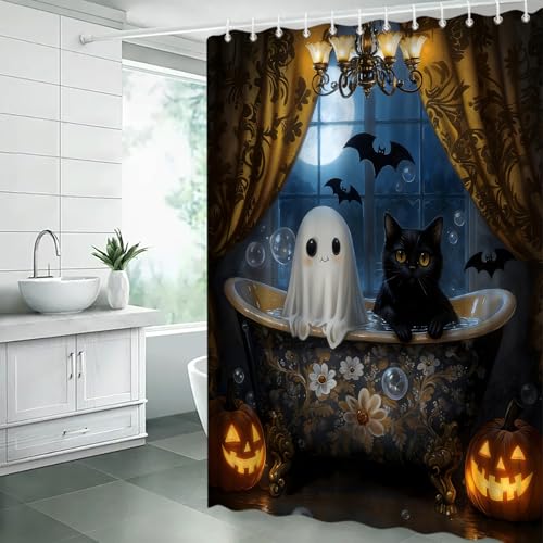 Spooky Halloween Shower Curtain 70" x 70" with Hooks - Ghosts, Cats, Pumpkins, and Bats