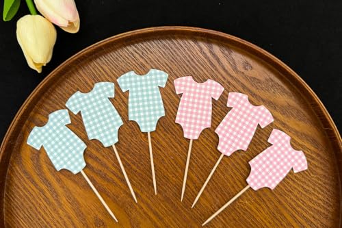 36 Blue & Pink Gingham Cupcake Toppers for Gender Reveal
