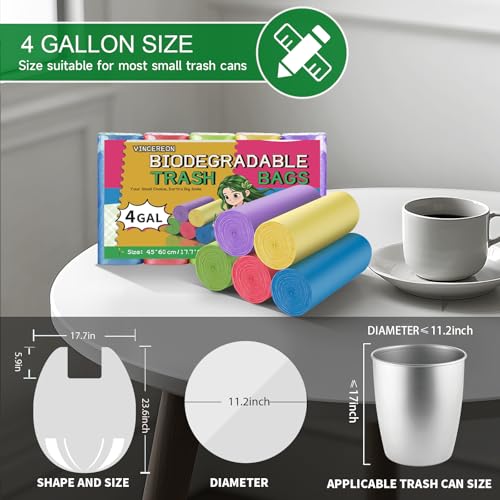 VINCEREON 4 Gallon Trash Bags with Handles, Colorful Small Garbage Liners, 100 Ct