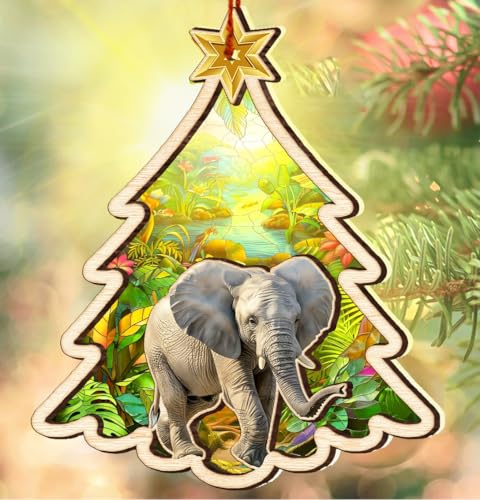 Elephant Christmas Ornament - Acrylic Wood Suncatcher Tree Decoration