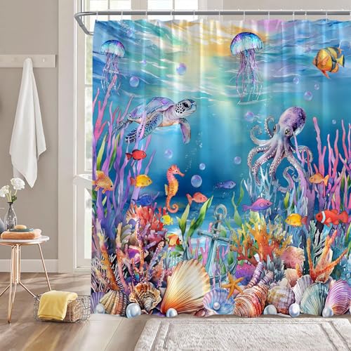 Coastal Ocean Shower Curtain - Turtle, Octopus & Jellyfish Design, 70" x 70"