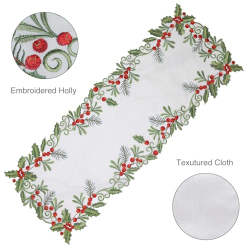 Christmas Table Runner Holly Red Berry White 13x36 Inches Embroidered Holiday Decor - White Variation