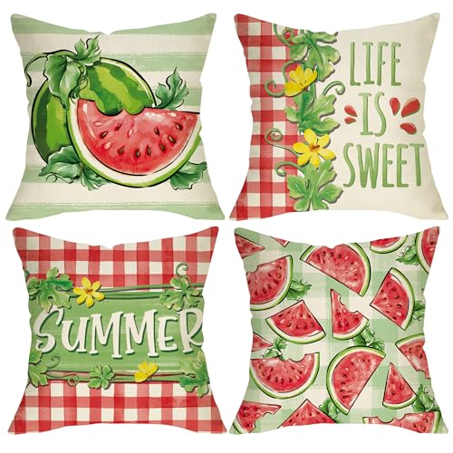 Summer Watermelon Throw Pillow Covers Set of 4 - 16x16 Cotton Linen