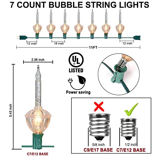 Couah Christmas Bubble Lights Set - 7 Clear Gold Glitter Bubble Bulbs, 11Ft Vintage Light String with Green Wire - Variation of THIS listing