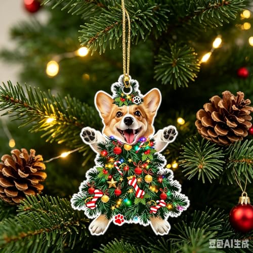 Corgi Christmas Tree Ornament Hand-Painted Wooden Dog Holiday Decor