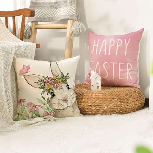 AVOIN Colorlife Happy Easter Bunny Throw Pillow Covers - Set of 4, 18" x 18"