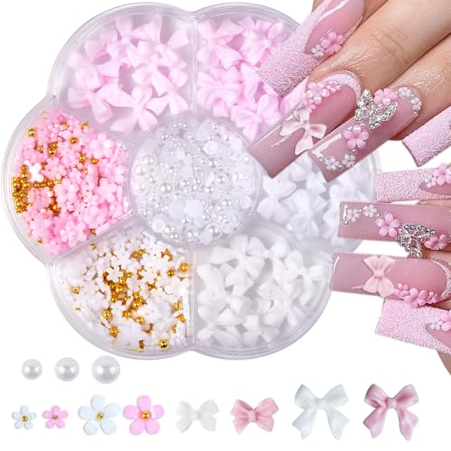 Qdsuh 3D Flower and Bow Nail Charms with Acrylic Gems and Pearls