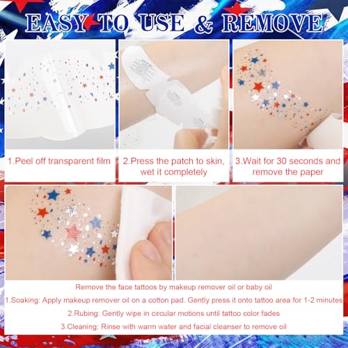 DUSCAU Patriotic Glitter Freckles Temporary Face Tattoos - 8 Sheets