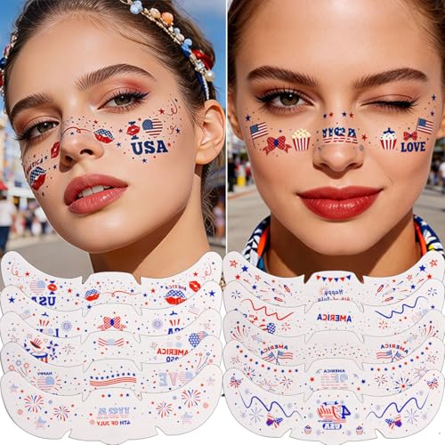 4th of July Temporary Face Tattoos - 10 Pack Patriotic USA Flag Stickers