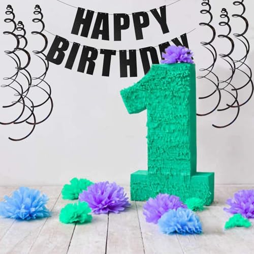 Black Glitter Happy Birthday Banner with Hanging Swirls - 7pcs Set