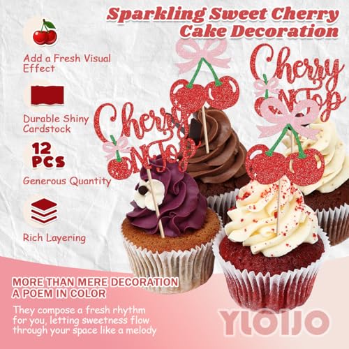 Cherry Cupcake Toppers - Glitter Bow Cake Picks for Parties (24 Pack)