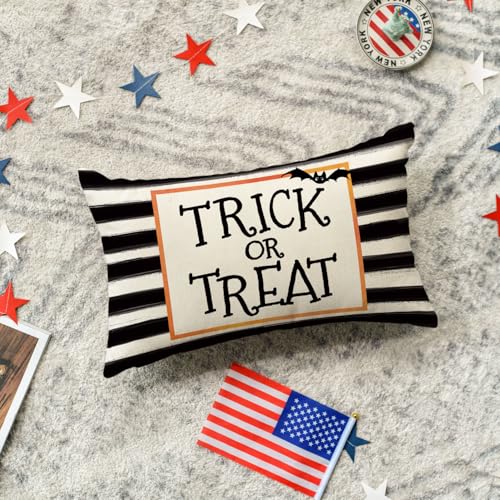 Halloween Watercolor Stripes Trick or Treat Pillow Cover - 20x12 Inch