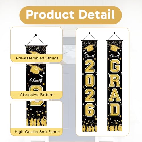 Class of 2026 Graduation Banner - Black and Gold Porch Decoration with Hooks