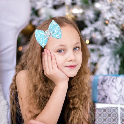 Blue Glitter Snowflake Hair Bow Clips Christmas Winter Barrettes 2Pcs