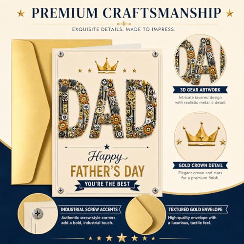Premium Father's Day Card with Gold Envelope - Unique Mechanical Design