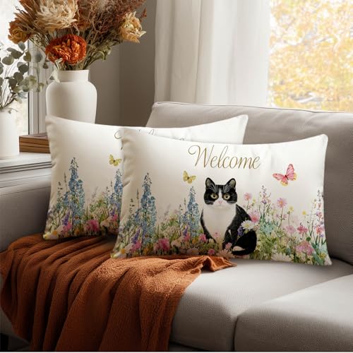 HOMETITUTE Cat Floral Satin Pillow Covers - 12x20 Inch Pack of 2