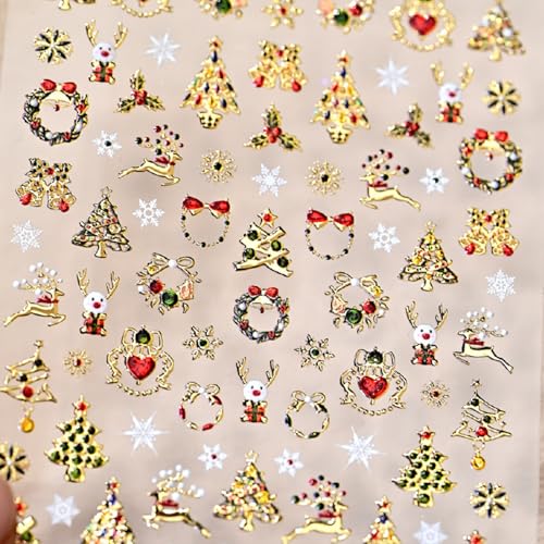 5D Embossed Christmas Nail Stickers Glitter Gold Xmas Tree Decals