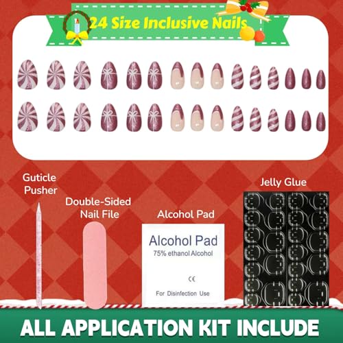 Christmas Press on Nails Medium Almond Fake Nails with Purple Glitter