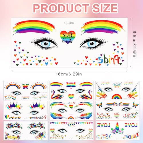 Lasuroa Rainbow Temporary Pride Tattoos - 10 Sheets Waterproof Face & Body Stickers for Festivals and Party Celebrations