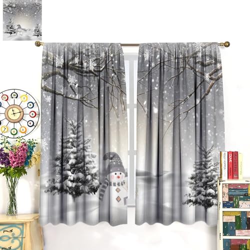 Winter Snowman Christmas Curtains Set - 21"W x 63"L, Pack of 2, Snowflake Tree Scene