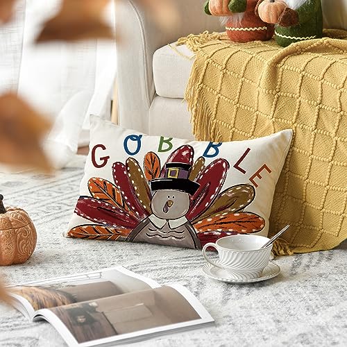 Thanksgiving Gobble Turkey Pillow Cover, 12x20 Inch Cushion Case