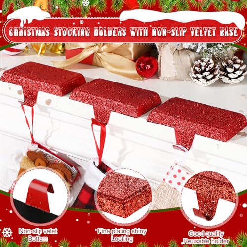 8 Pack Christmas Glitter Stocking Holders - Metal Weighted Mantel Decor