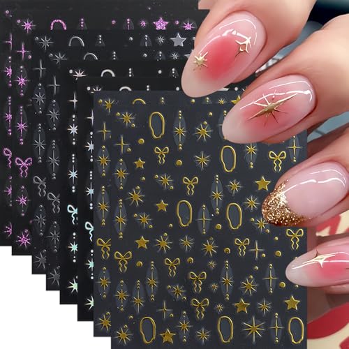 SHUXILIN 8 Sheets Star Nail Art Stickers 3D Laser Bow Decals