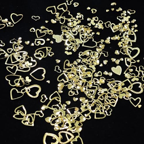 Gold Heart Nail Charms 3D Metal Art Studs Mix Size Manicure Decoration