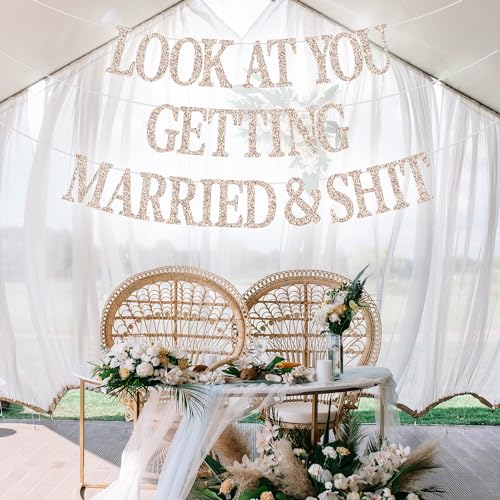 GREABRRY Champagne Glitter Wedding & Bachelorette Banner - 9ft Just Married Decor