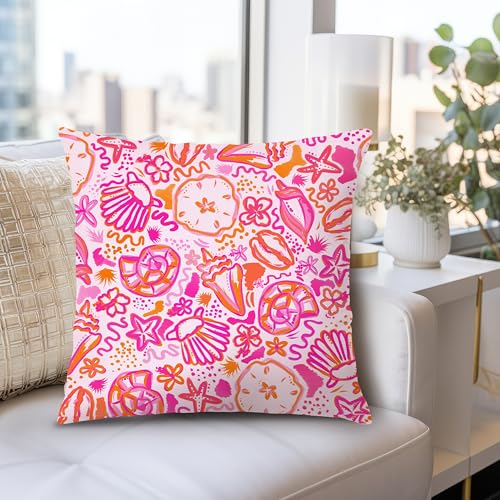 Nipil Boho Beach Throw Pillow Cover, 18x18 Pink & Orange Flannel Cushion