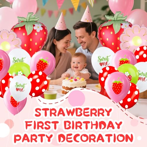 25 Pcs Strawberry Balloons Set with 40 Inch Red Number 1 Foil