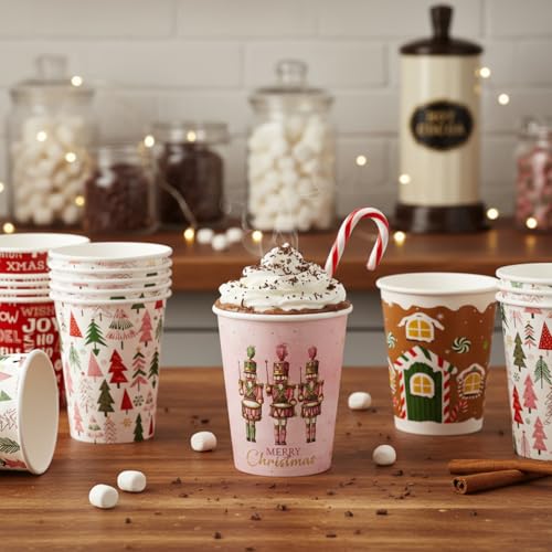 Christmas Disposable Paper Cups 9 oz - Classic Pattern, 150 Pack