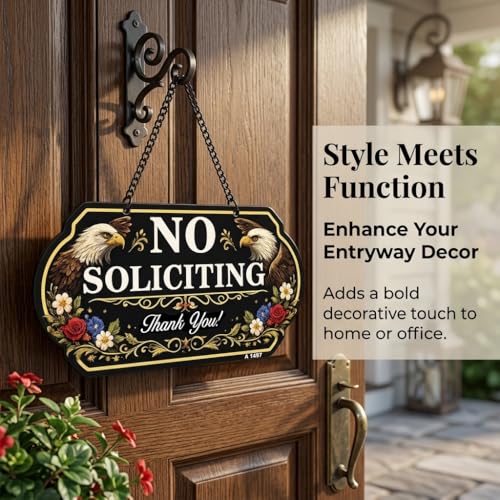 No Soliciting Sign - Decorative Aluminum Door Sign with Chain
