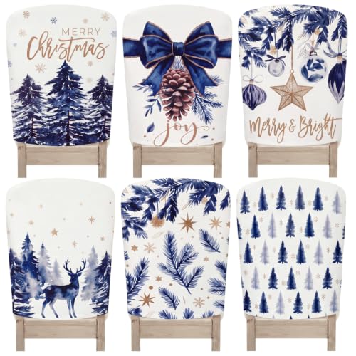 Blue Christmas Chair Cover Set for Dining Room and Kitchen - 6 Pieces