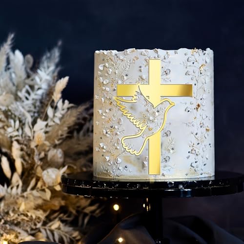 Gold Mirror Acrylic Cross Dove Cake Topper - 5" for Baptism & Communion