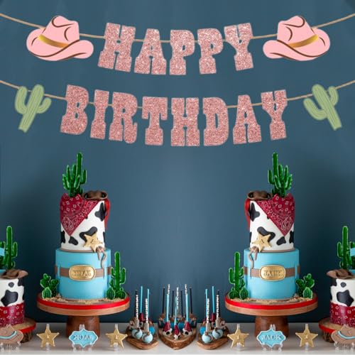 Western Cowboy Birthday Banner with Pink Glitter & Cactus