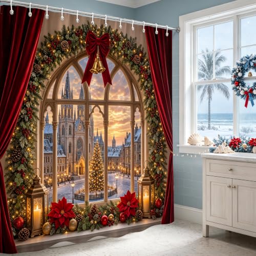 Christmas Shower Curtain Winter Cabin Scene Cardinals 72x72 Inches - Holiday Bathroom Decor