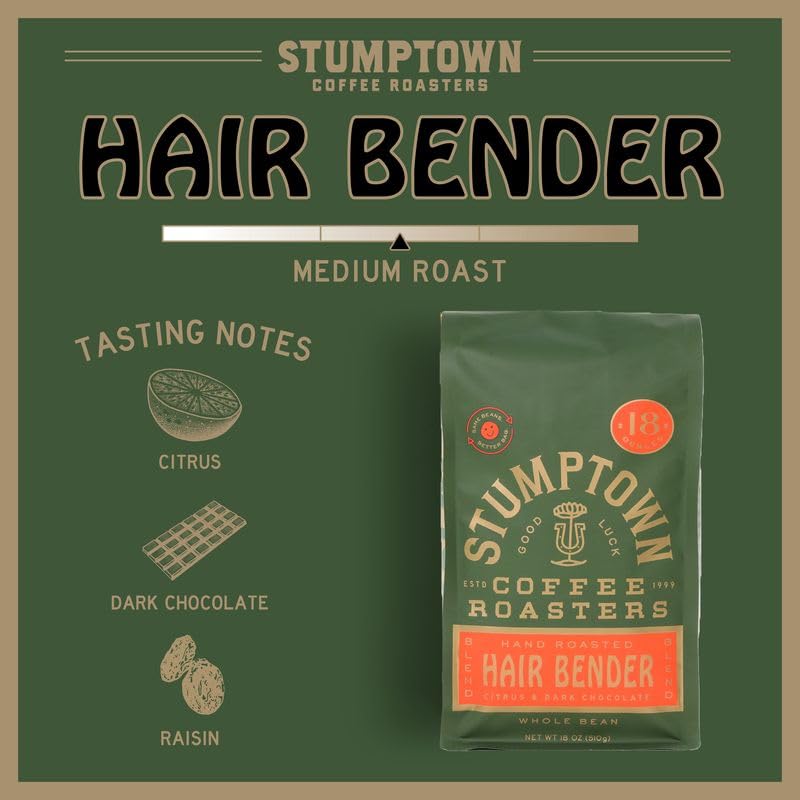 Stumptown Coffee Roasters Medium Roast Whole Bean Coffee - Hair Bender 18 Ounce Bag with Citrus & Dark Chocolate Notes